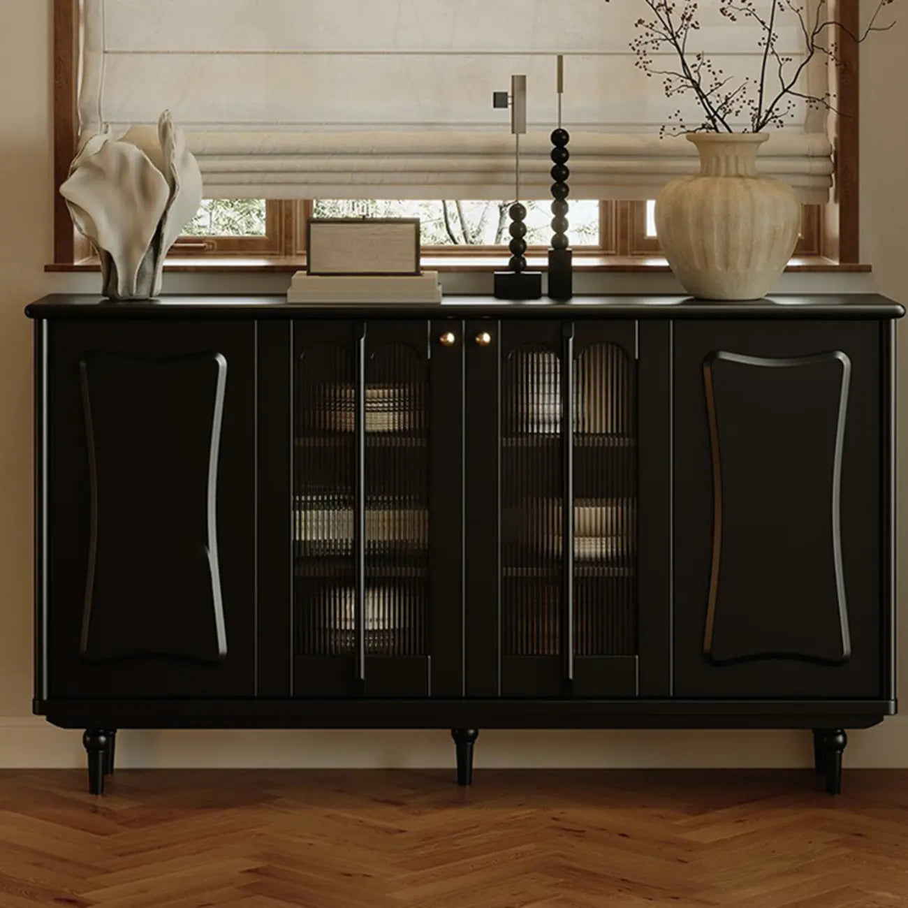 Medieval Style Black Wooden Buffet Table with Shelves
