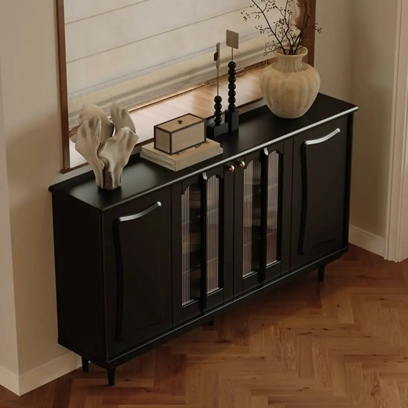 Medieval Style Black Wooden Buffet Table with Shelves
