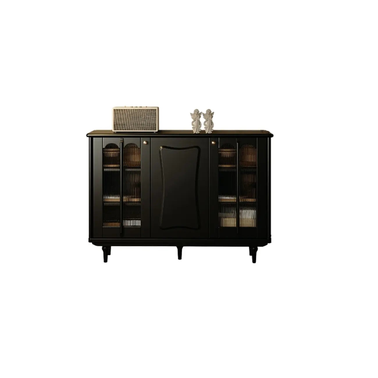Medieval Style Black Wooden Buffet Table with Shelves