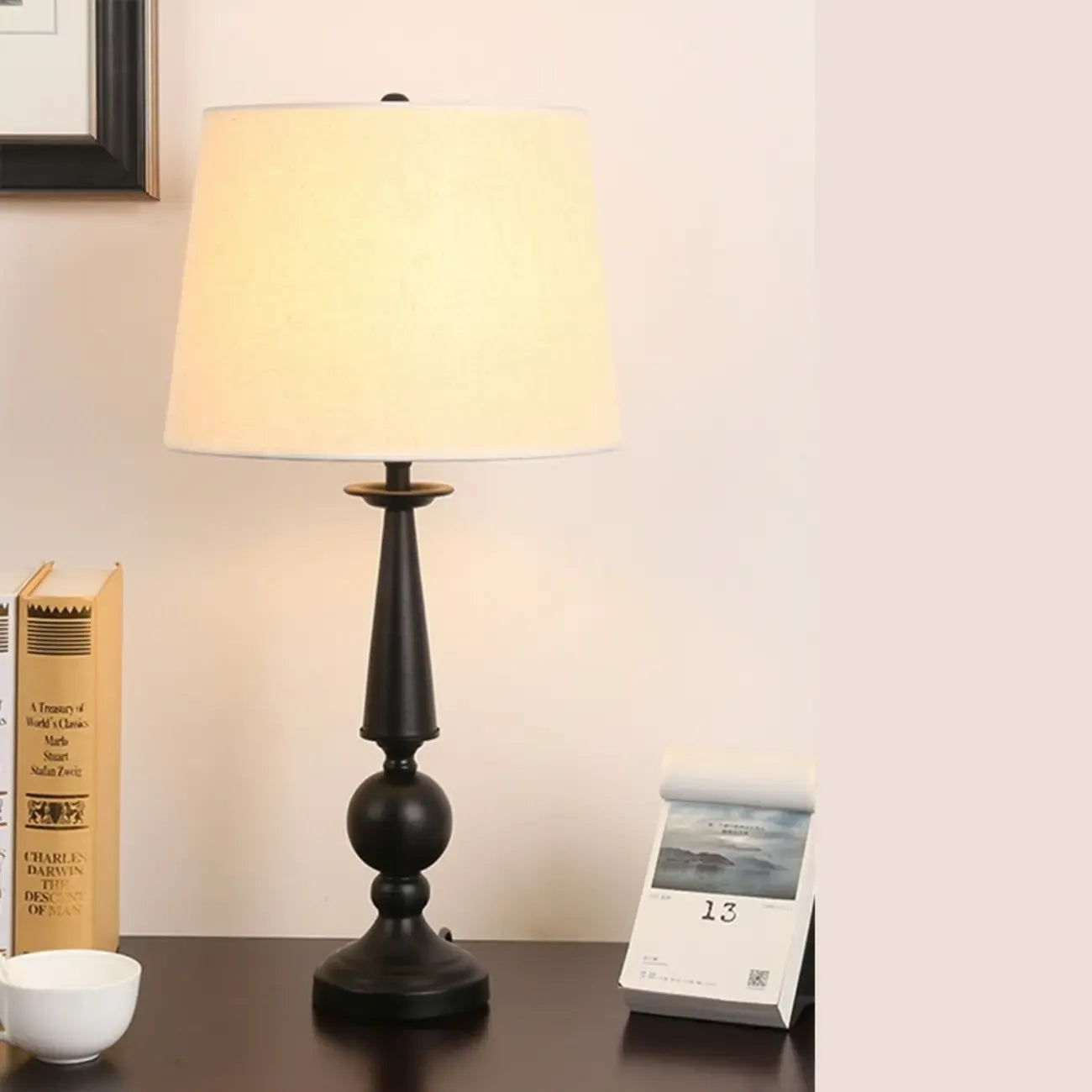 Geometric Black Table Lamp with Fabric Shade for Bedroom