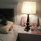 Geometric Black Table Lamp with Fabric Shade for Bedroom