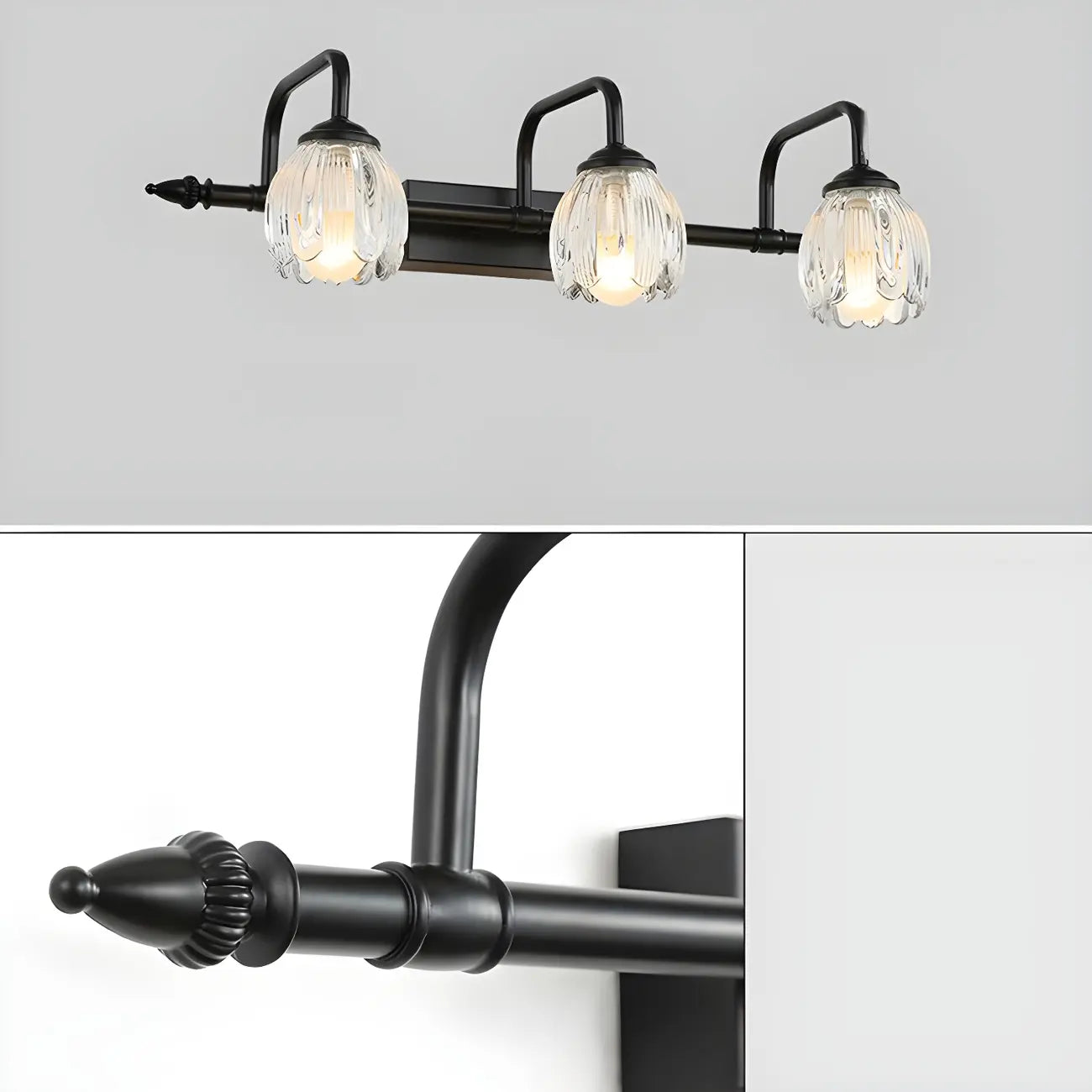 Elegant 3 heads Black Metal Wall Lamp with Crystal Globe