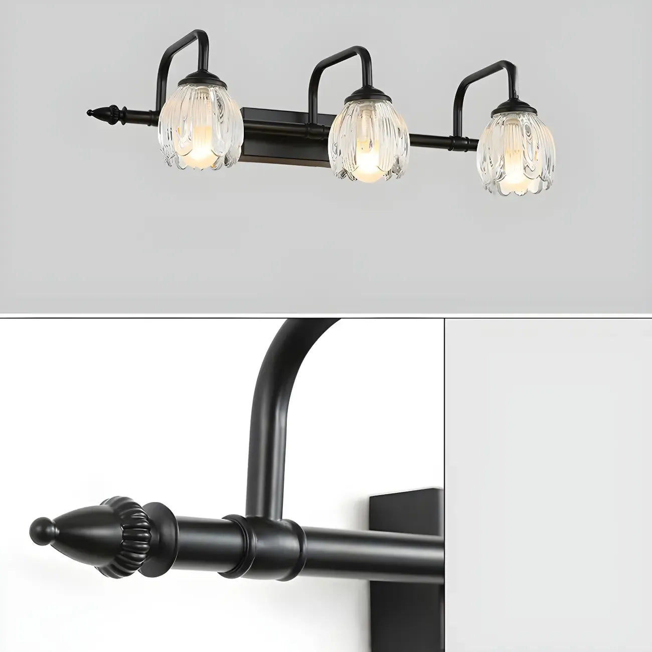 Elegant 3 heads Black Metal Wall Lamp with Crystal Globe