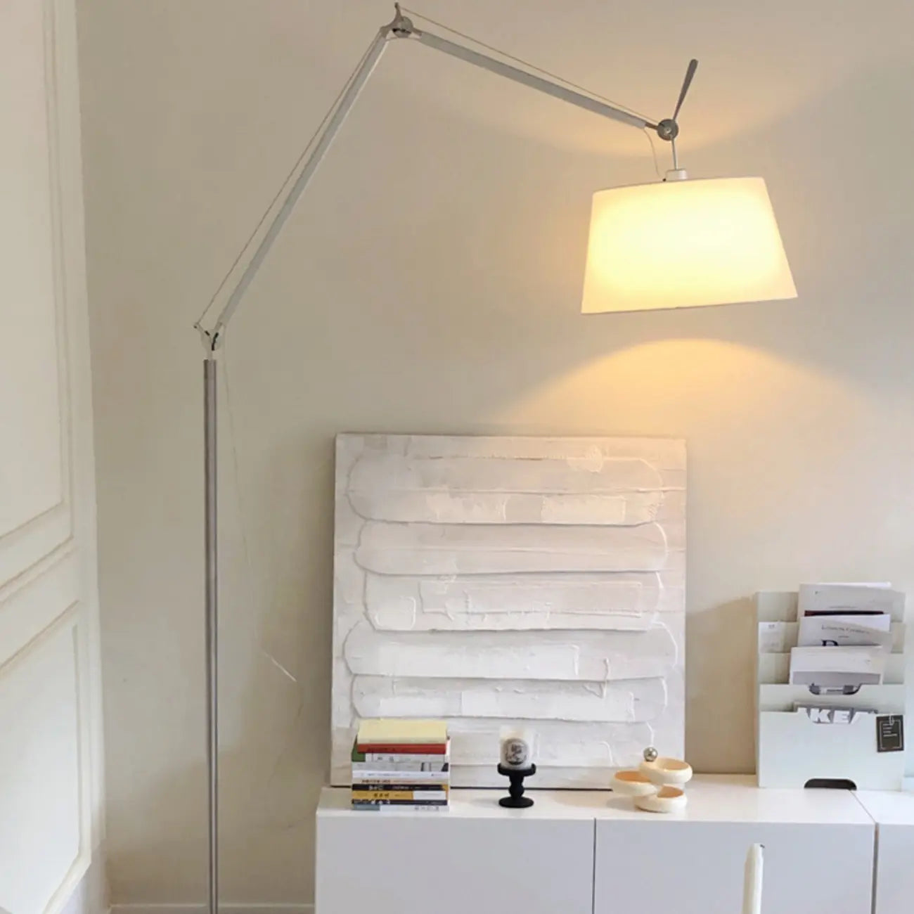 Adjustable Silver Swing Arm Floor Lamp with Fabric Drum Shade