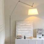 Adjustable Silver Swing Arm Floor Lamp with Fabric Drum Shade