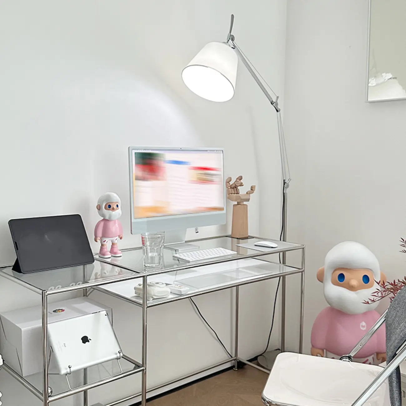 Adjustable Silver Swing Arm Floor Lamp with Fabric Drum Shade