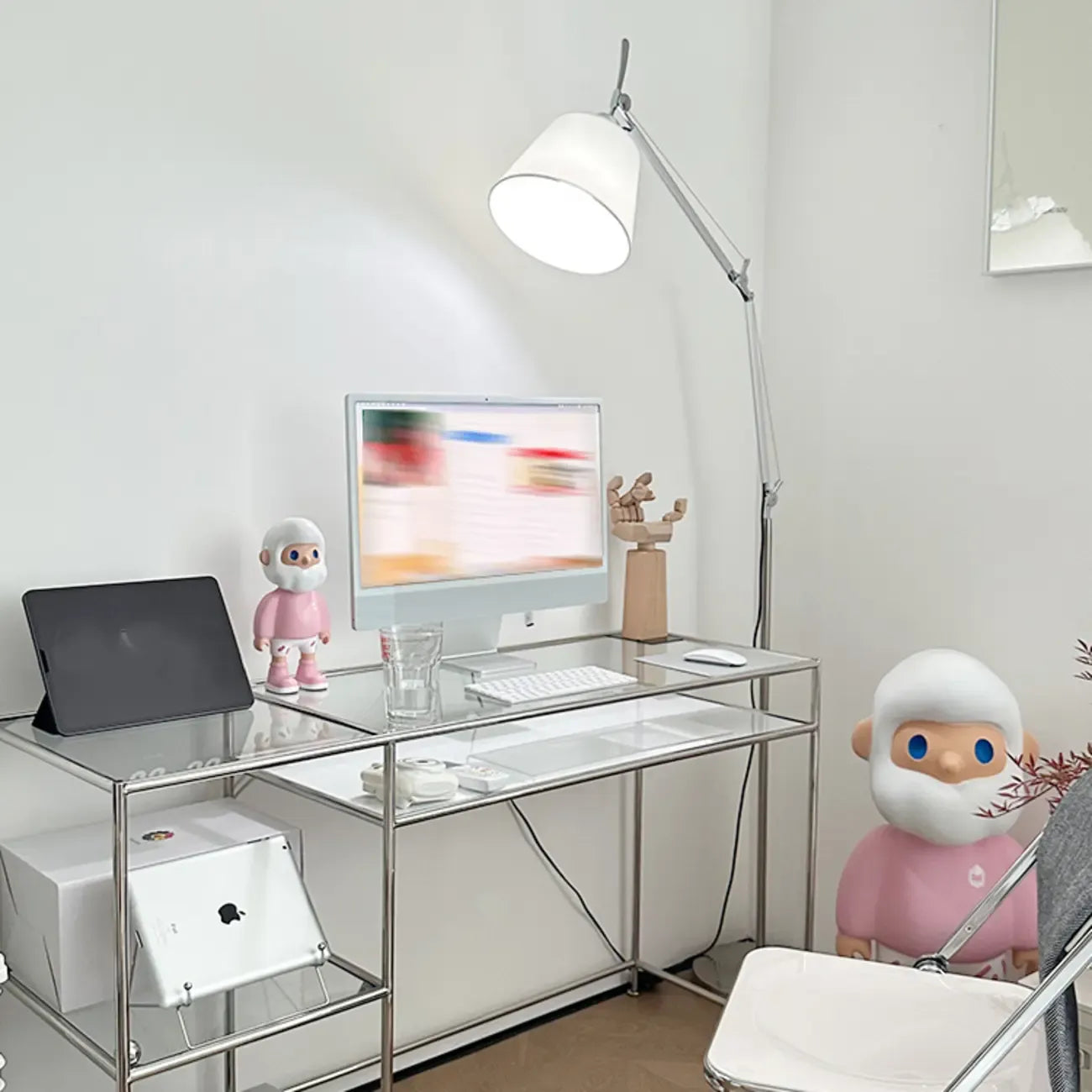 Adjustable Silver Swing Arm Floor Lamp with Fabric Drum Shade