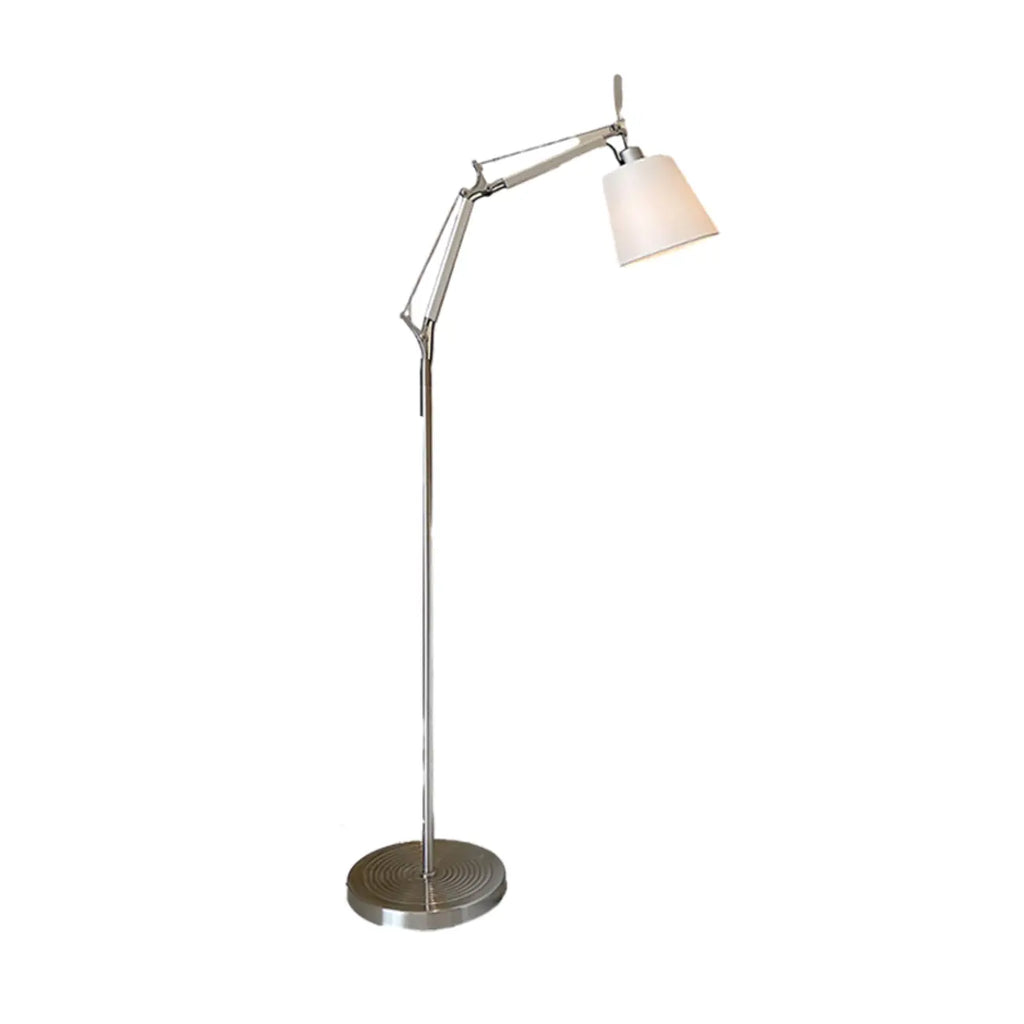 Adjustable Silver Swing Arm Floor Lamp with Fabric Drum Shade
