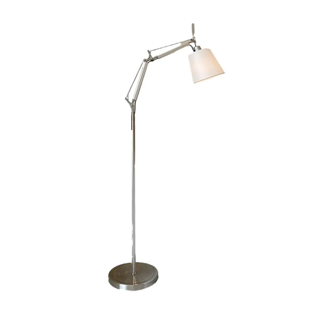 Adjustable Silver Swing Arm Floor Lamp with Fabric Drum Shade