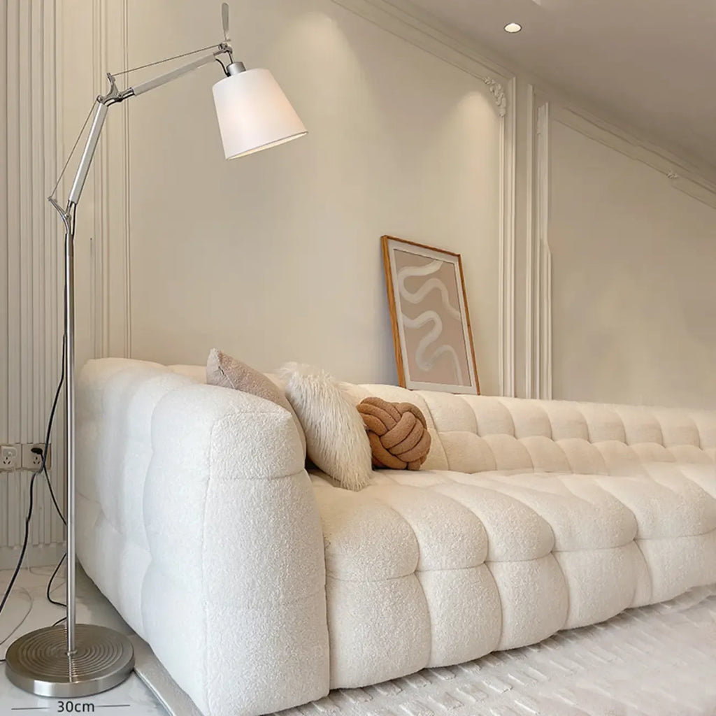 Adjustable Silver Swing Arm Floor Lamp with Fabric Drum Shade