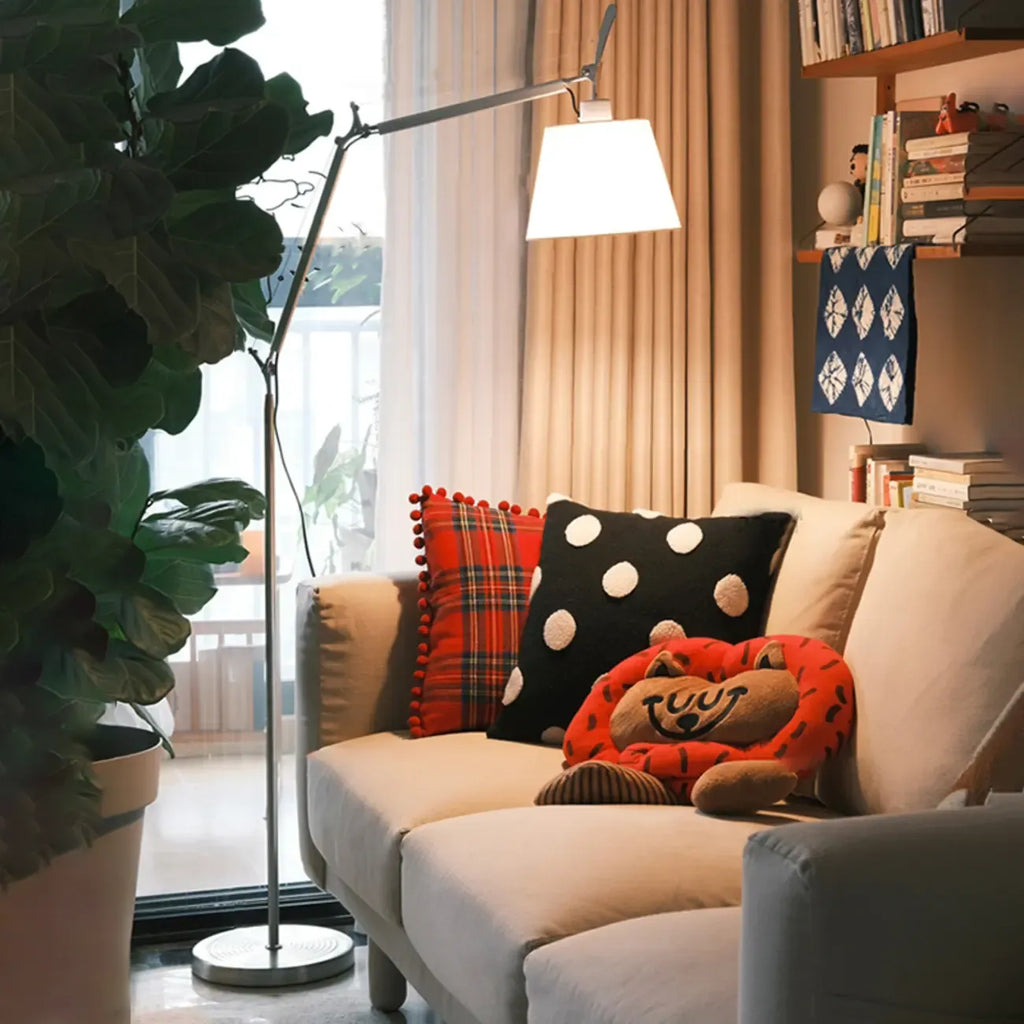 Adjustable Silver Swing Arm Floor Lamp with Fabric Drum Shade
