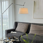 Adjustable Silver Swing Arm Floor Lamp with Fabric Drum Shade