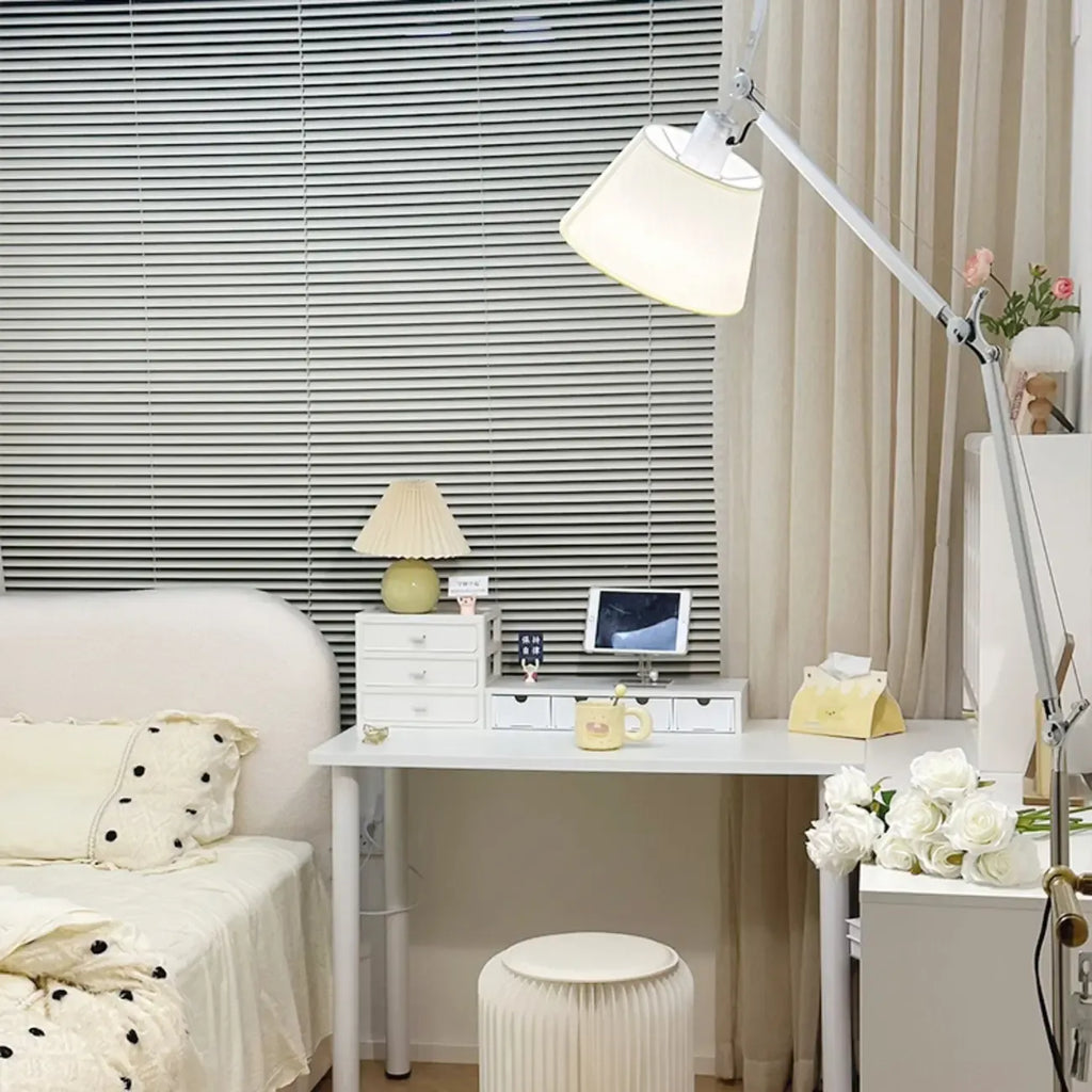 Adjustable Silver Swing Arm Floor Lamp with Fabric Drum Shade