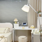 Adjustable Silver Swing Arm Floor Lamp with Fabric Drum Shade