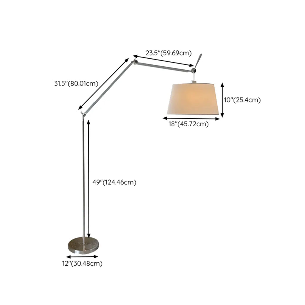 Adjustable Silver Swing Arm Floor Lamp with Fabric Drum Shade