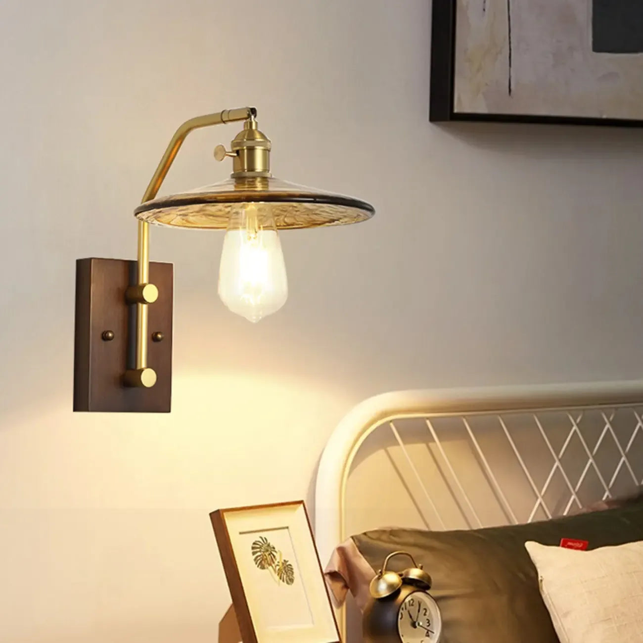 Contemporary Walnut Brass Cone Wall Mounted Light Fixture