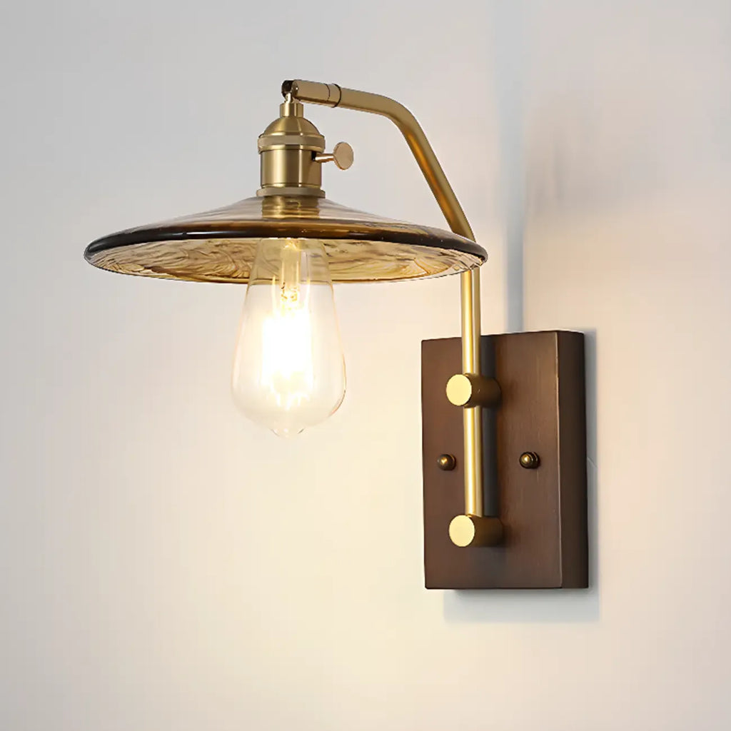 Contemporary Walnut Brass Cone Wall Mounted Light Fixture