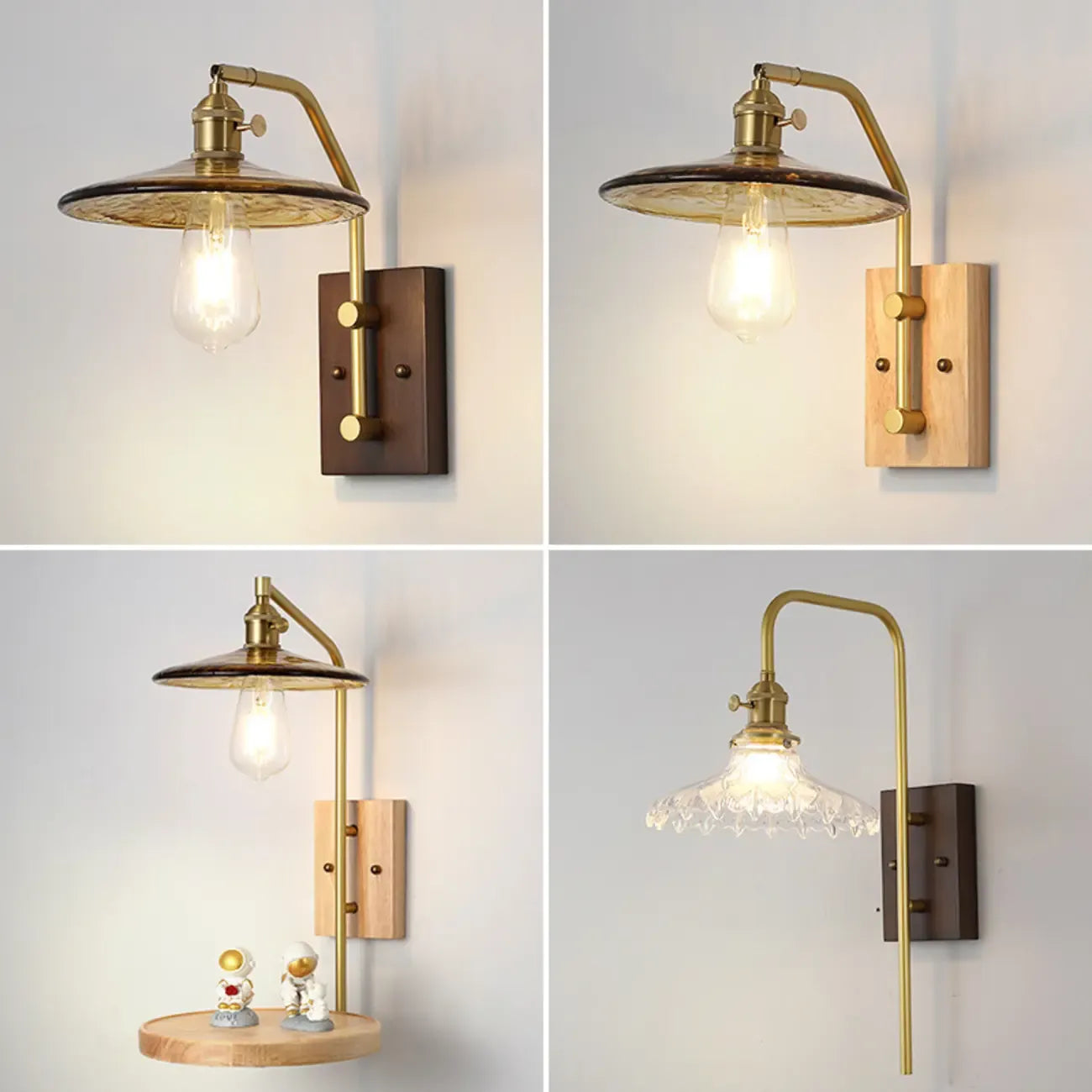 Contemporary Walnut Brass Cone Wall Mounted Light Fixture