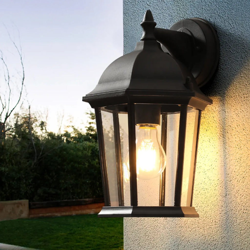 Classic Black Metal and Glass Lantern Wall Sconce Light