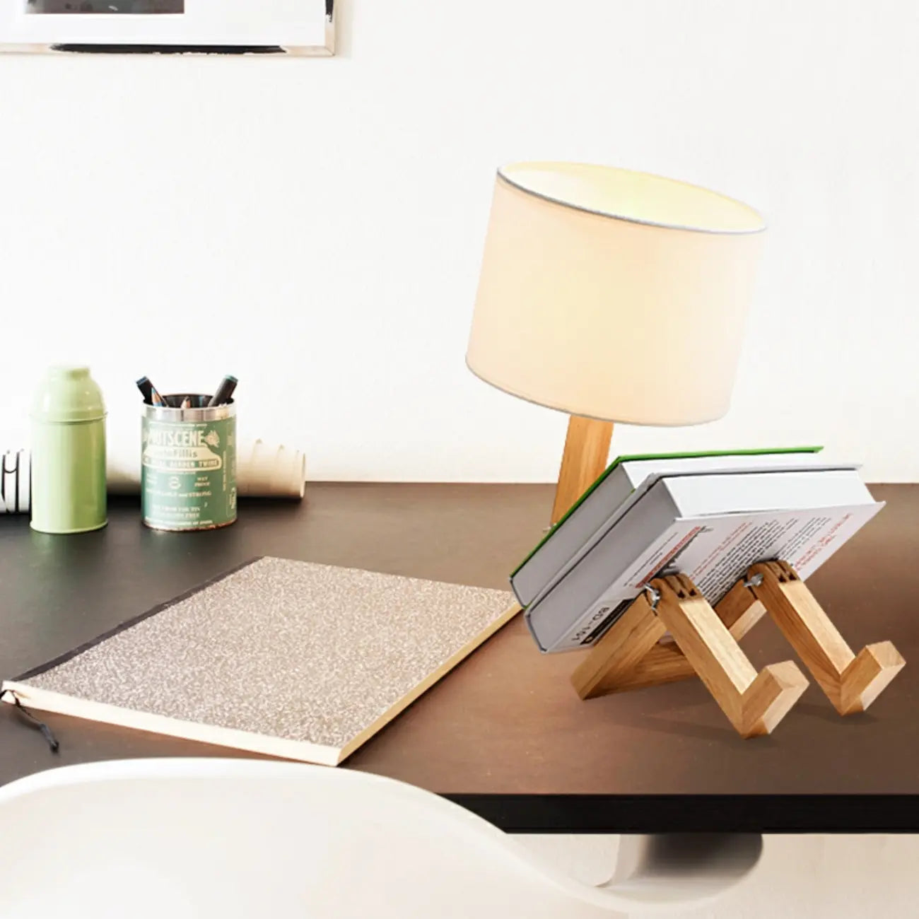 Unique Wood Table Lamp with Book Storage for Living Room