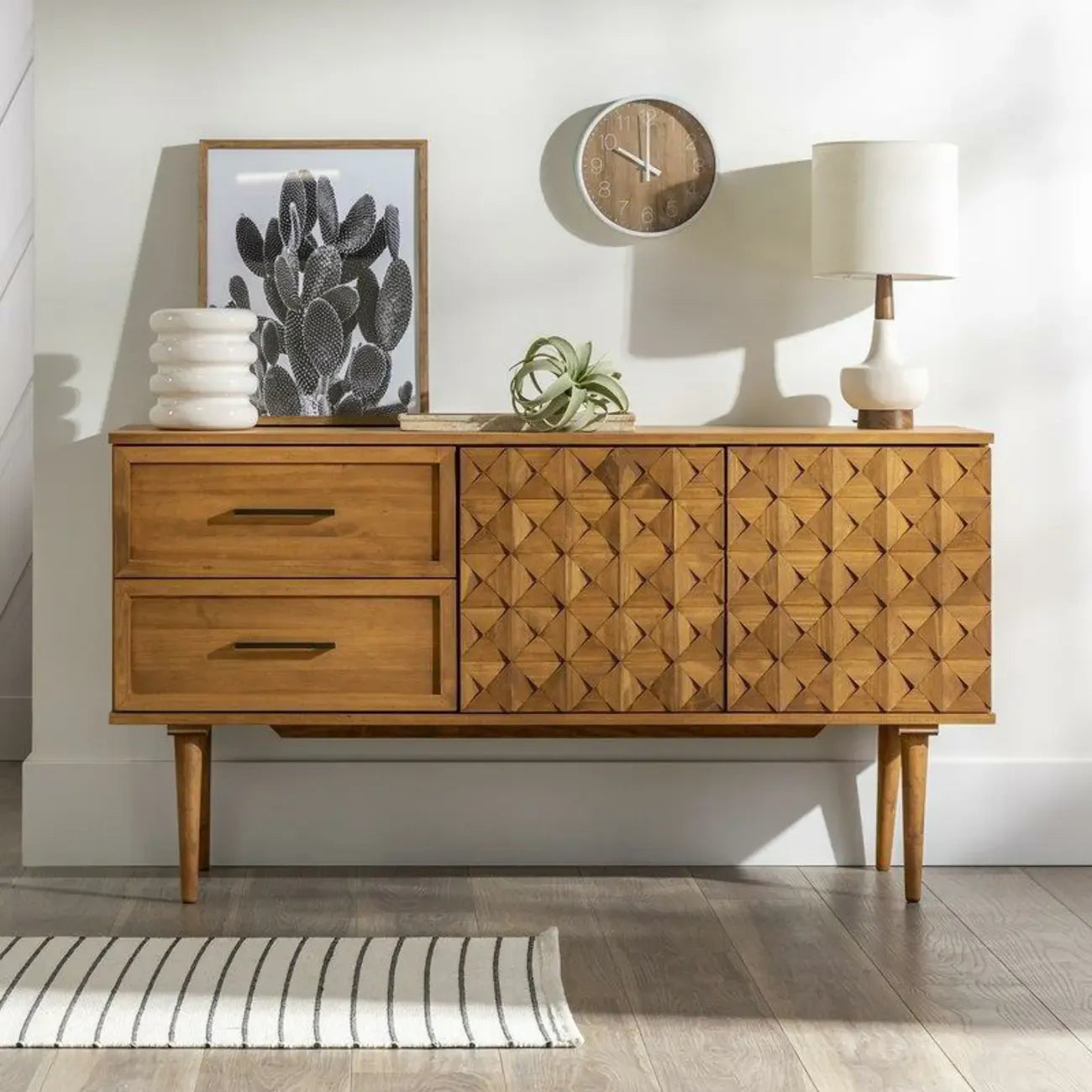 Modern Walnut Buffet Table with Drawers and Cabinets