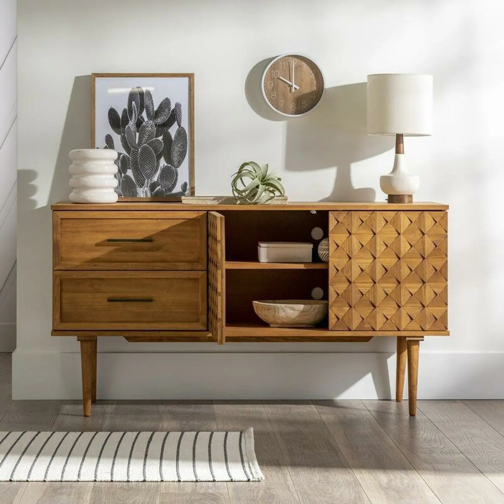 Modern Walnut Buffet Table with Drawers and Cabinets