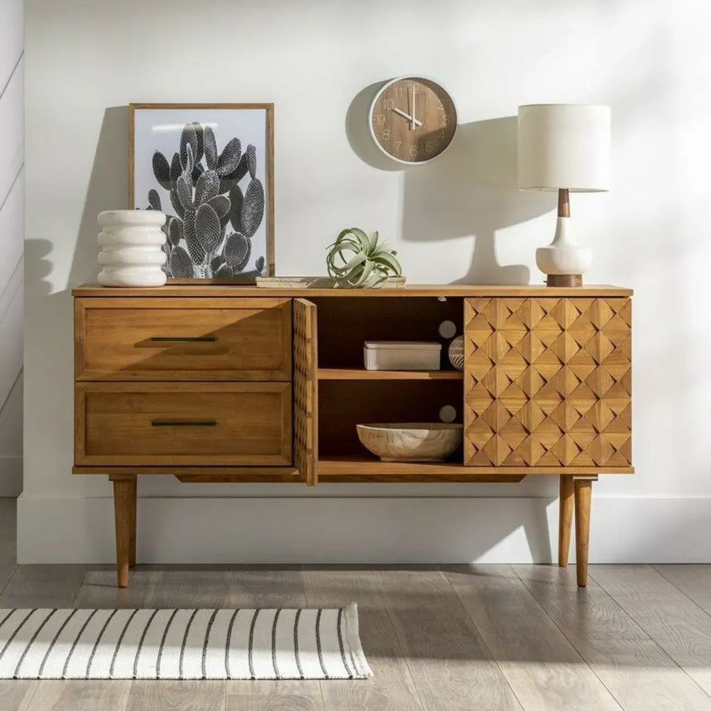 Modern Walnut Buffet Table with Drawers and Cabinets
