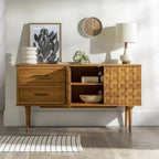 Modern Walnut Buffet Table with Drawers and Cabinets