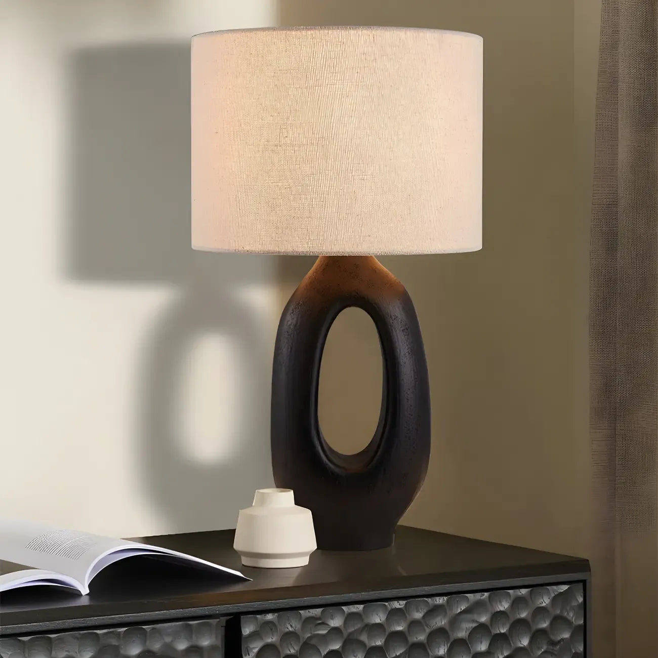 Art Deco Cylinder Shade Resin Base Table Lamp for Bedroom