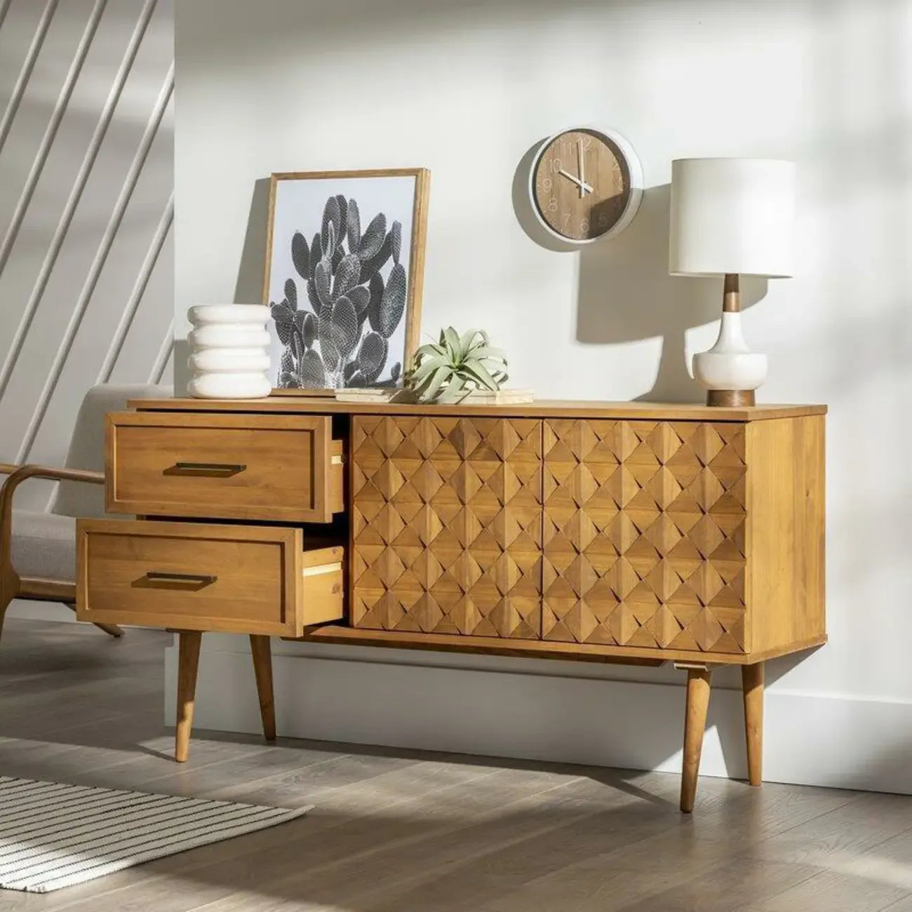 Modern Walnut Buffet Table with Drawers and Cabinets