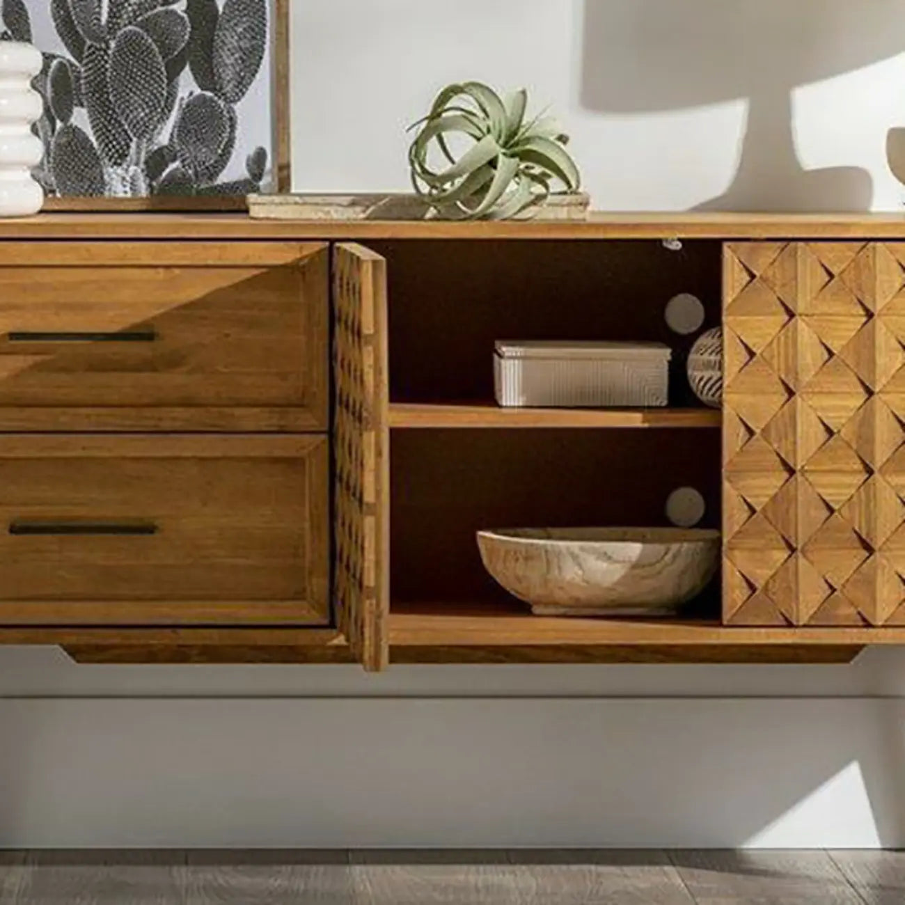 Modern Walnut Buffet Table with Drawers and Cabinets