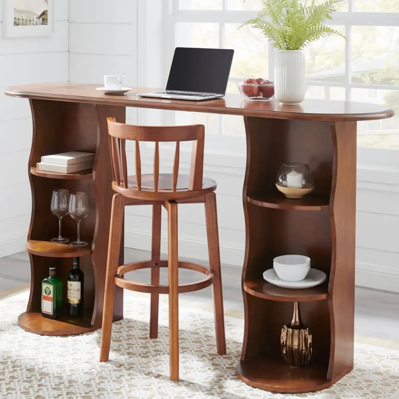 Mid-century Modern Wooden Swivel Bar Stool Upholstered
