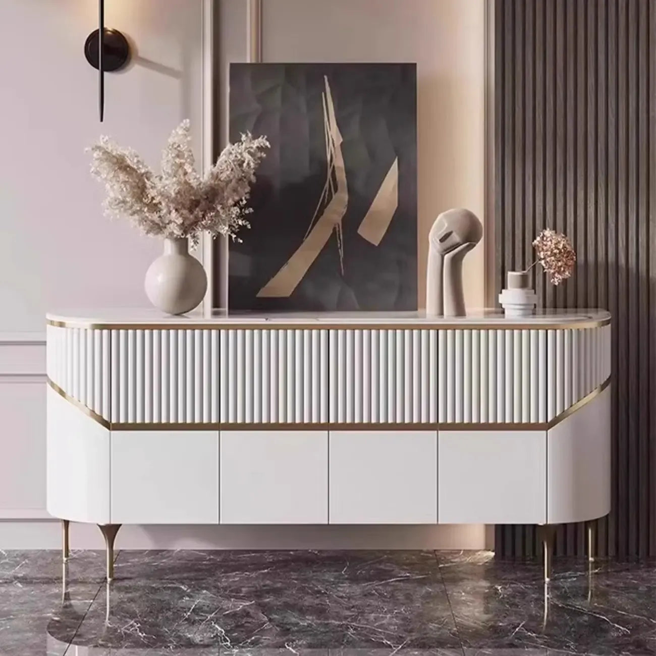 Modern White/Black Buffet Table with Cabinets