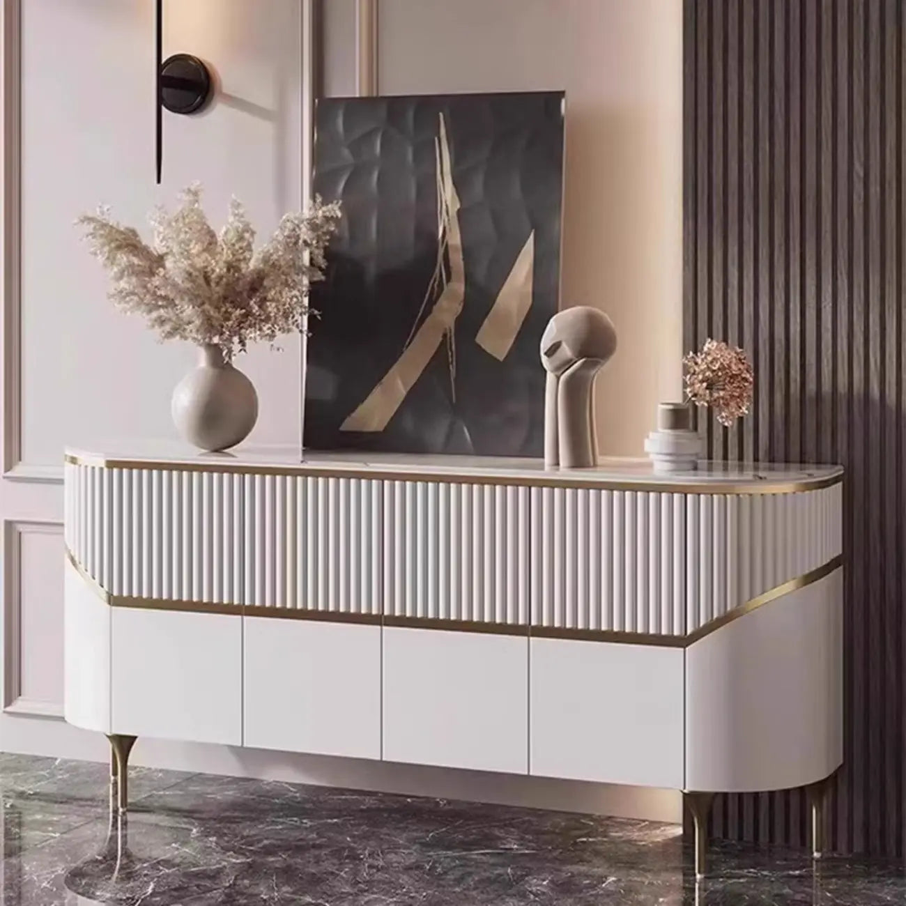 Modern White/Black Buffet Table with Cabinets