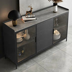Modern Wooden Buffet Table with Stone Top and Storage