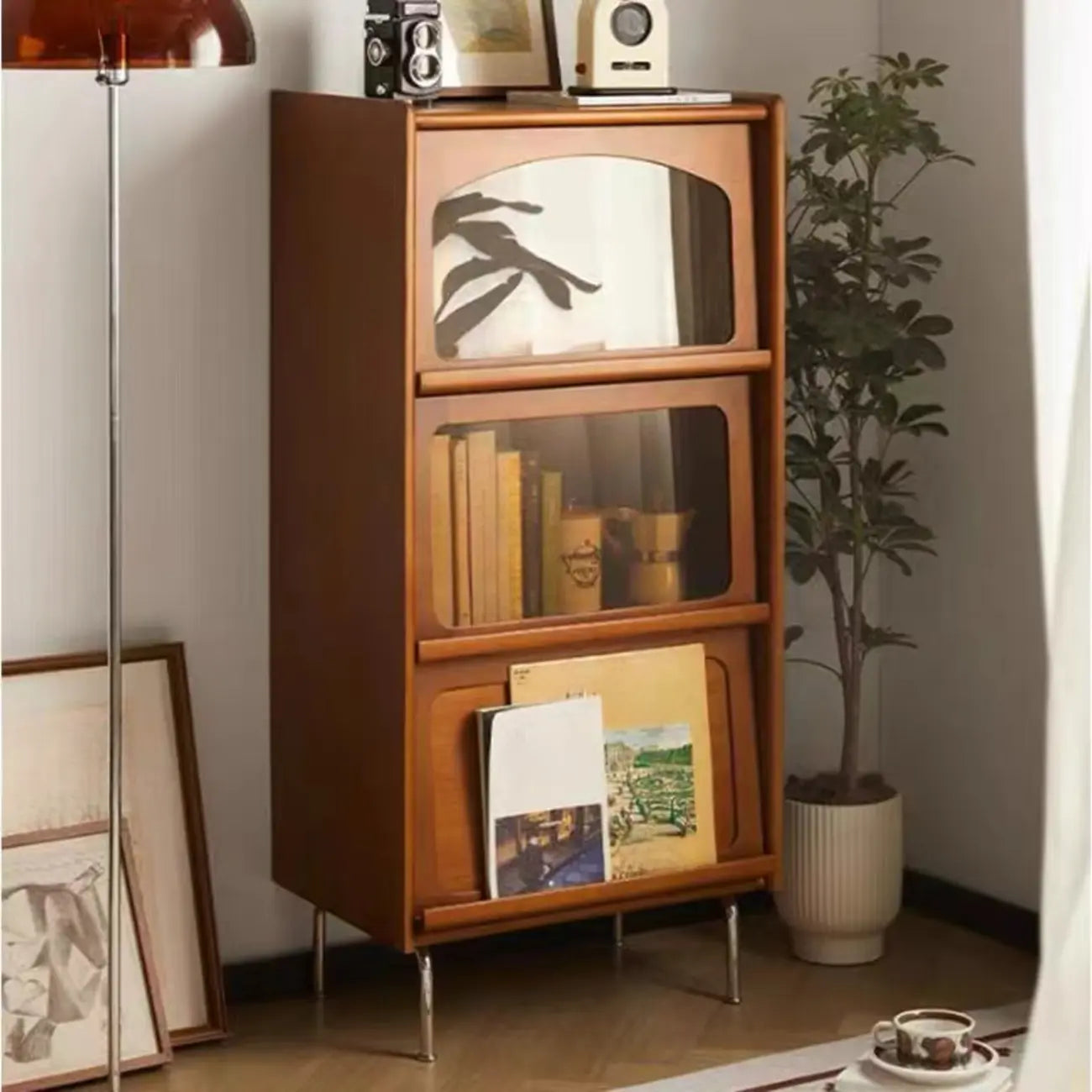 50 Modern Pine Brown Accent Cabinet with Glass Door