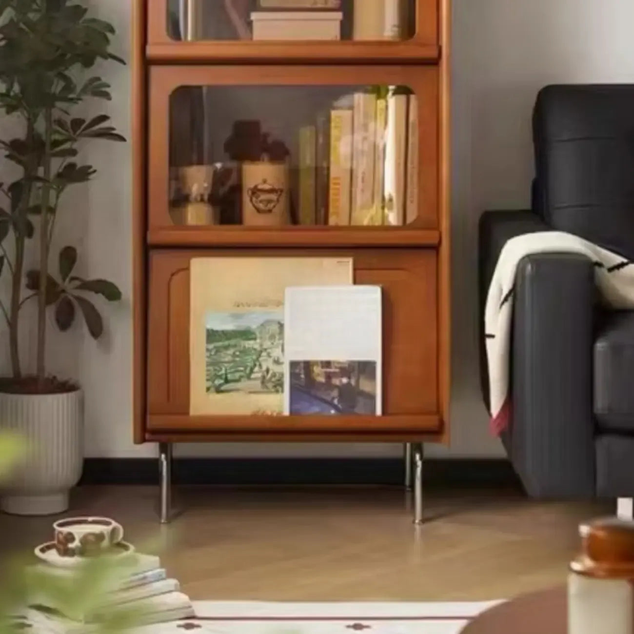50 Modern Pine Brown Accent Cabinet with Glass Door