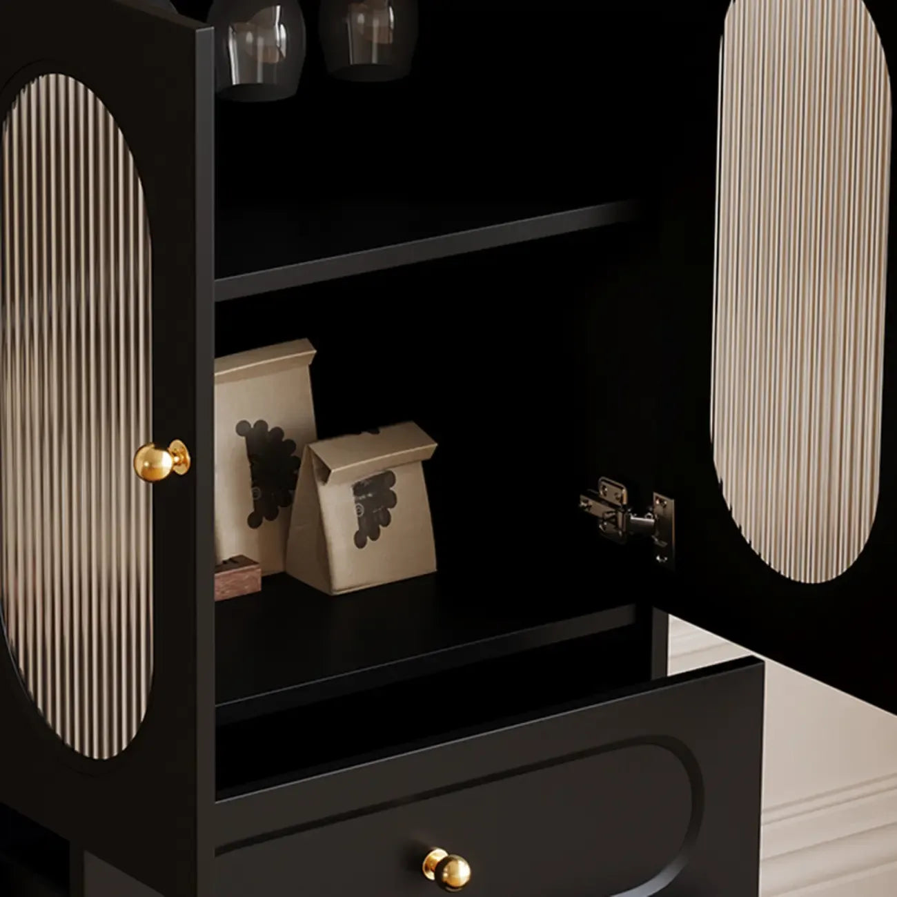 Elegant Black Wooden Accent Cabinet with Drawers & Doors