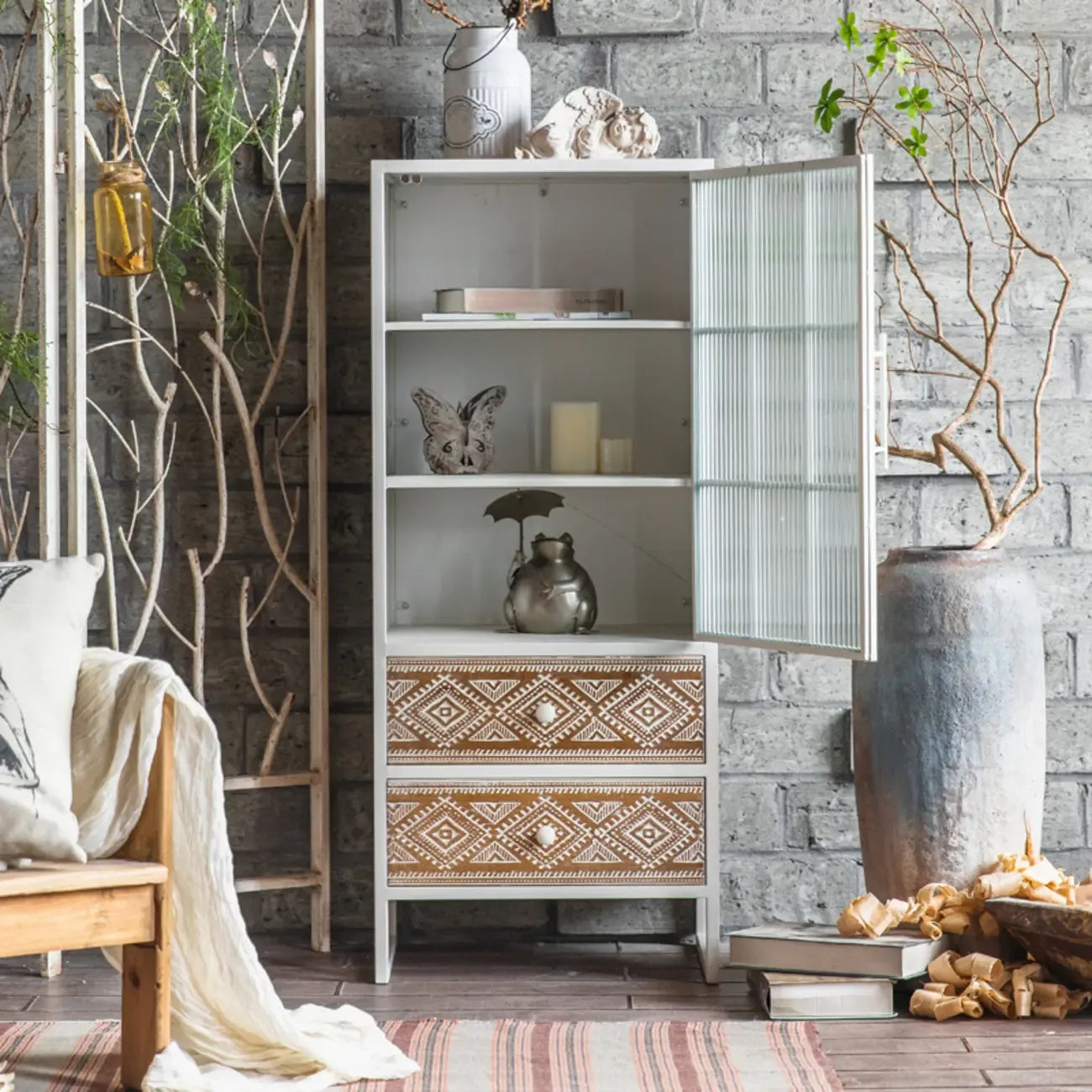 Bohemian White Accent Cabinet with Glass Door & Drawers