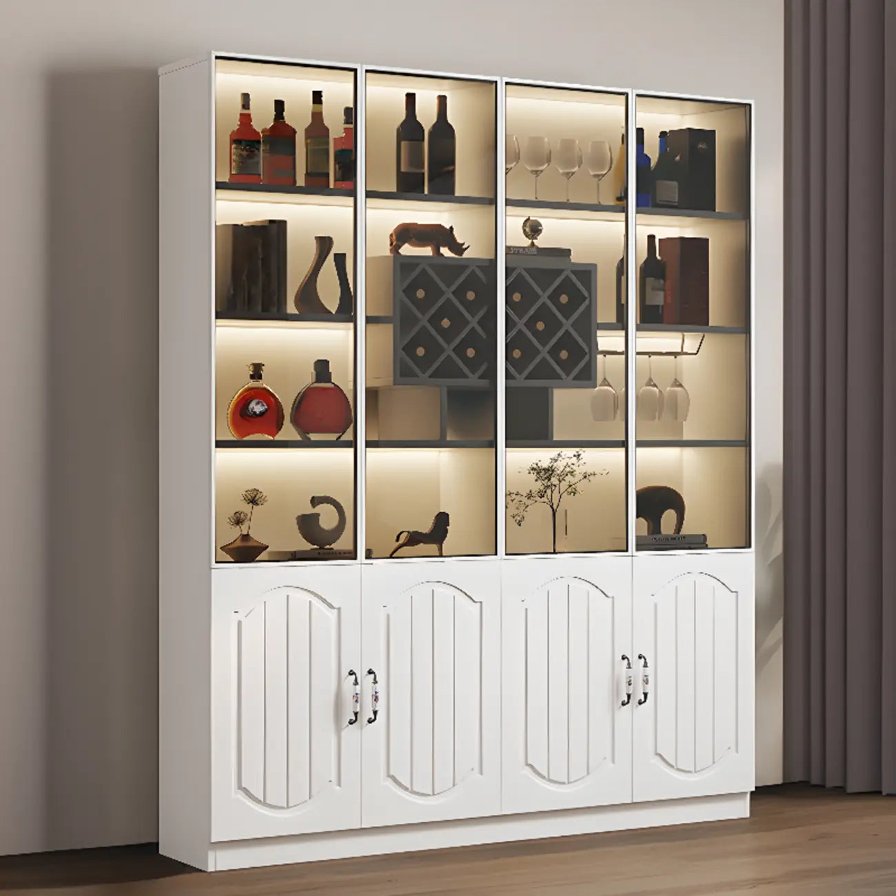 Black Wood Glass Door Display Cabinet with Wine Storage