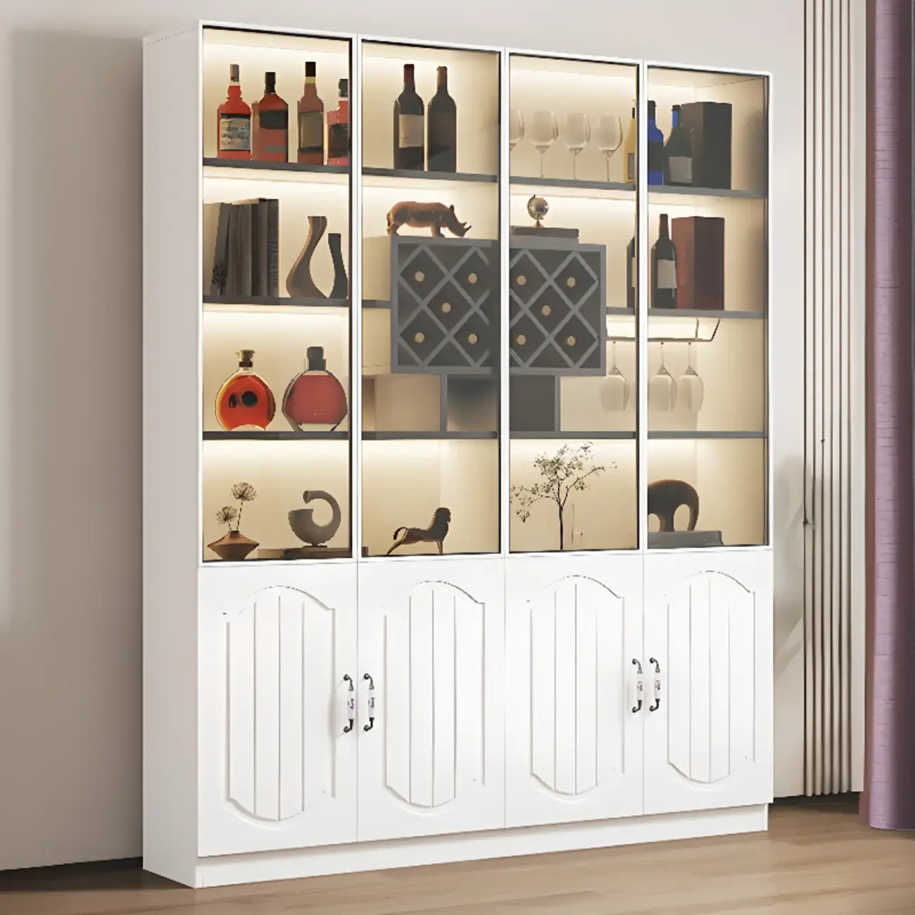 Black Wood Glass Door Display Cabinet with Wine Storage