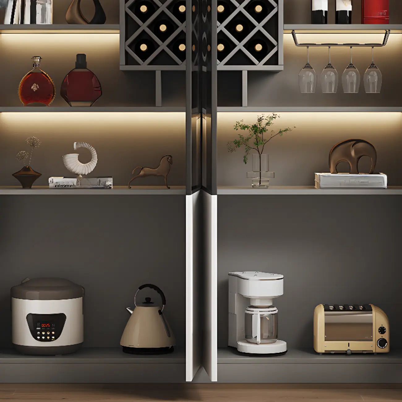 Black Wood Glass Door Display Cabinet with Wine Storage