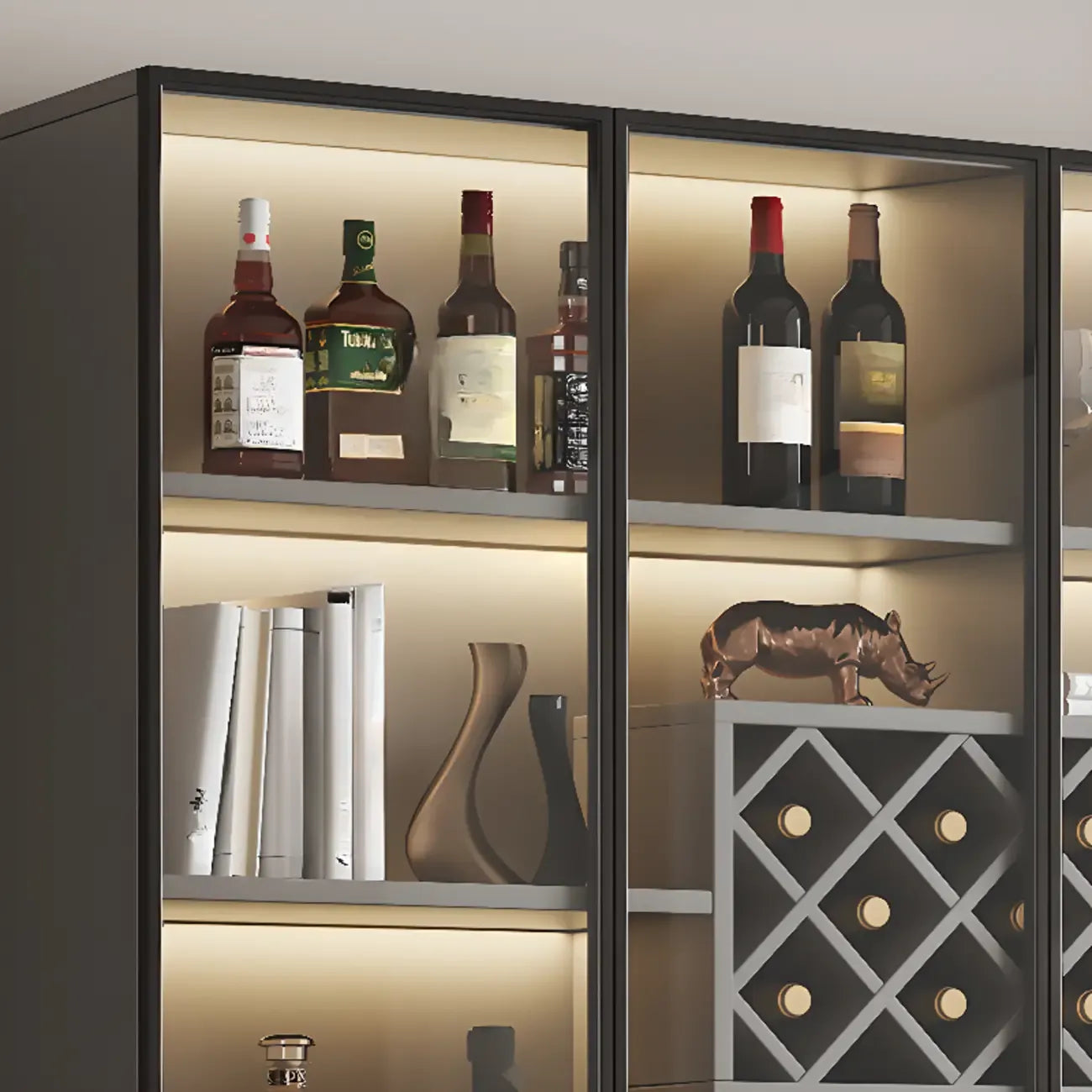 Black Wood Glass Door Display Cabinet with Wine Storage