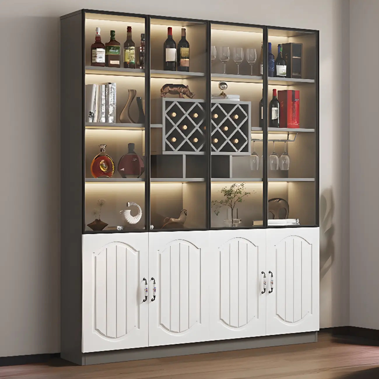 Black Wood Glass Door Display Cabinet with Wine Storage