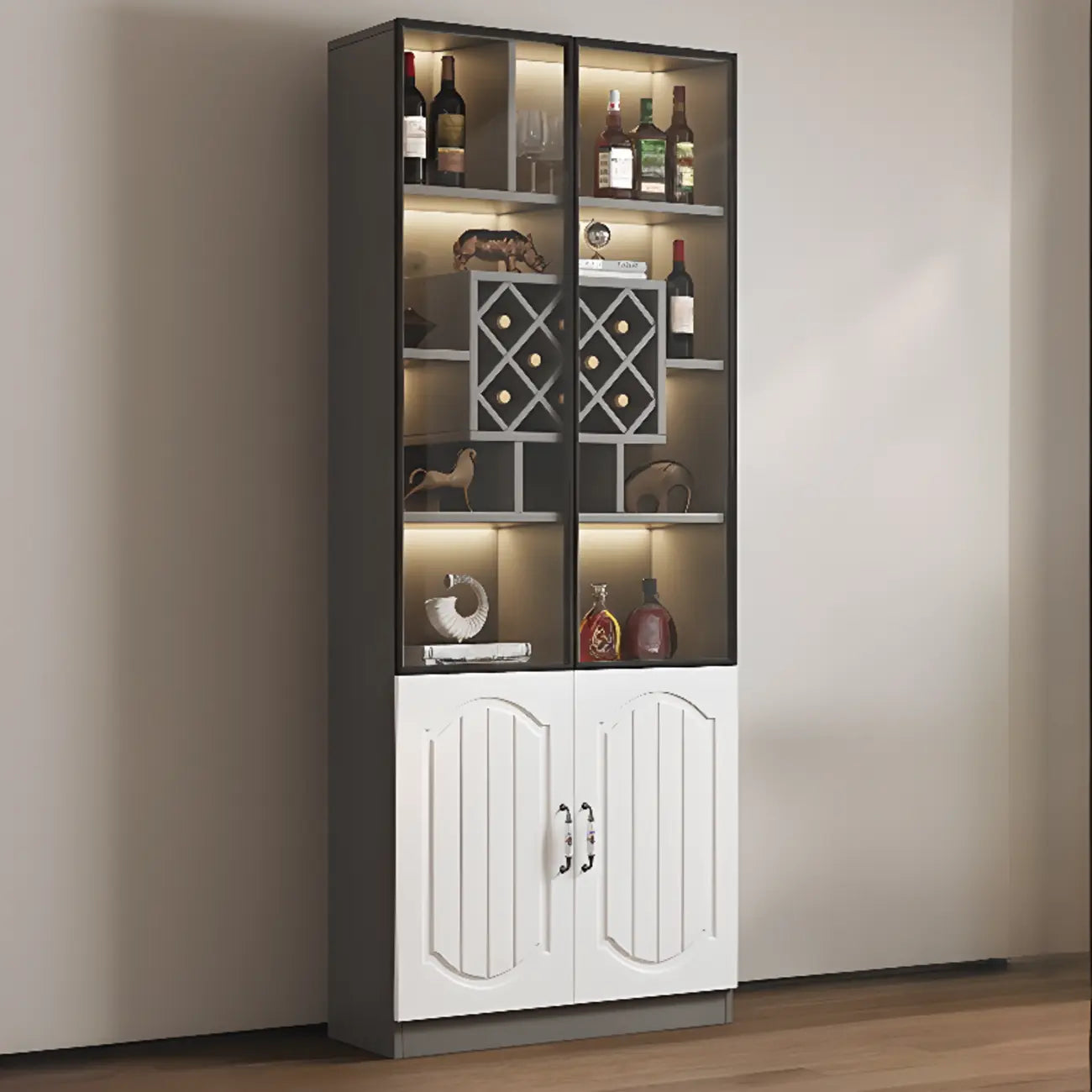 Black Wood Glass Door Display Cabinet with Wine Storage