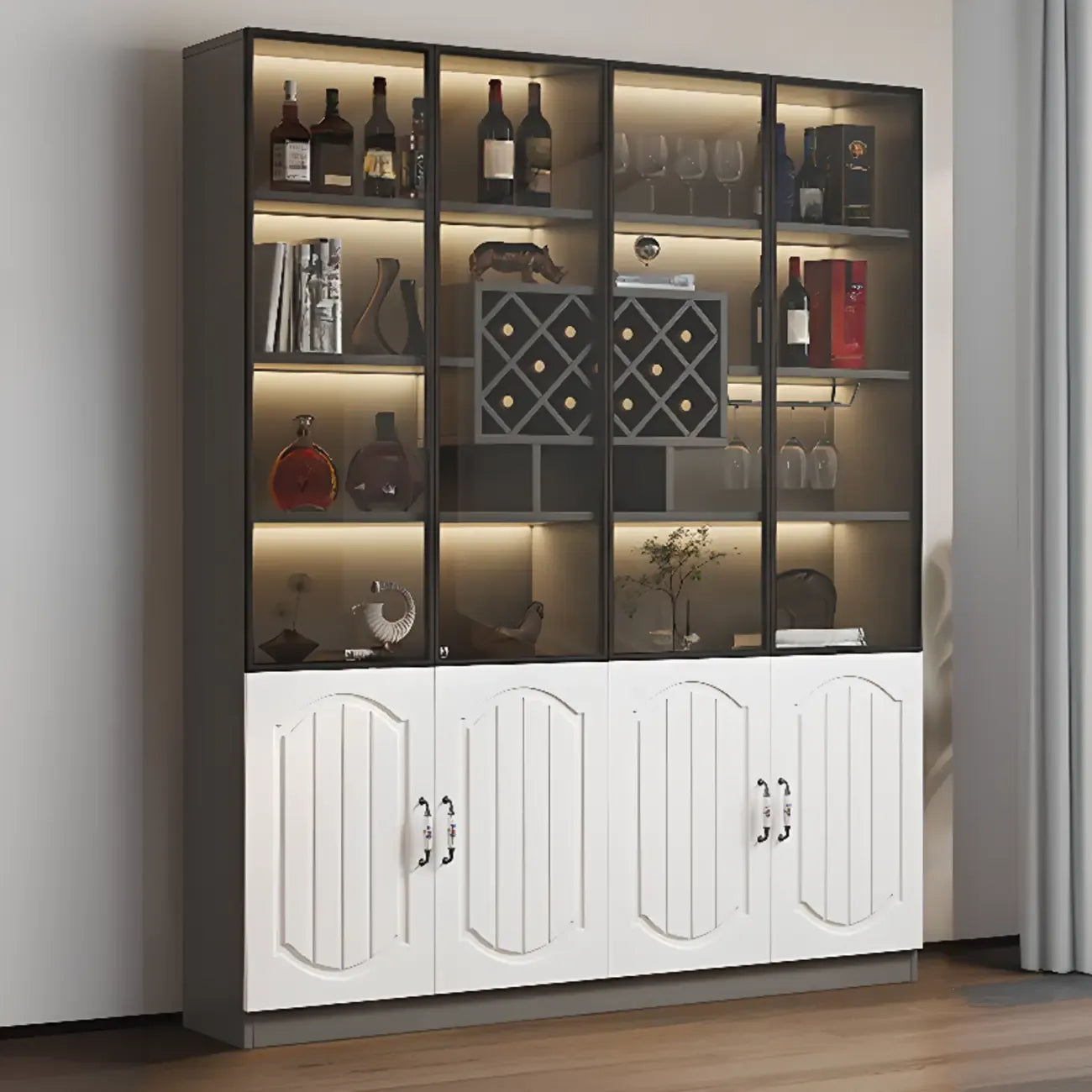 Black Wood Glass Door Display Cabinet with Wine Storage