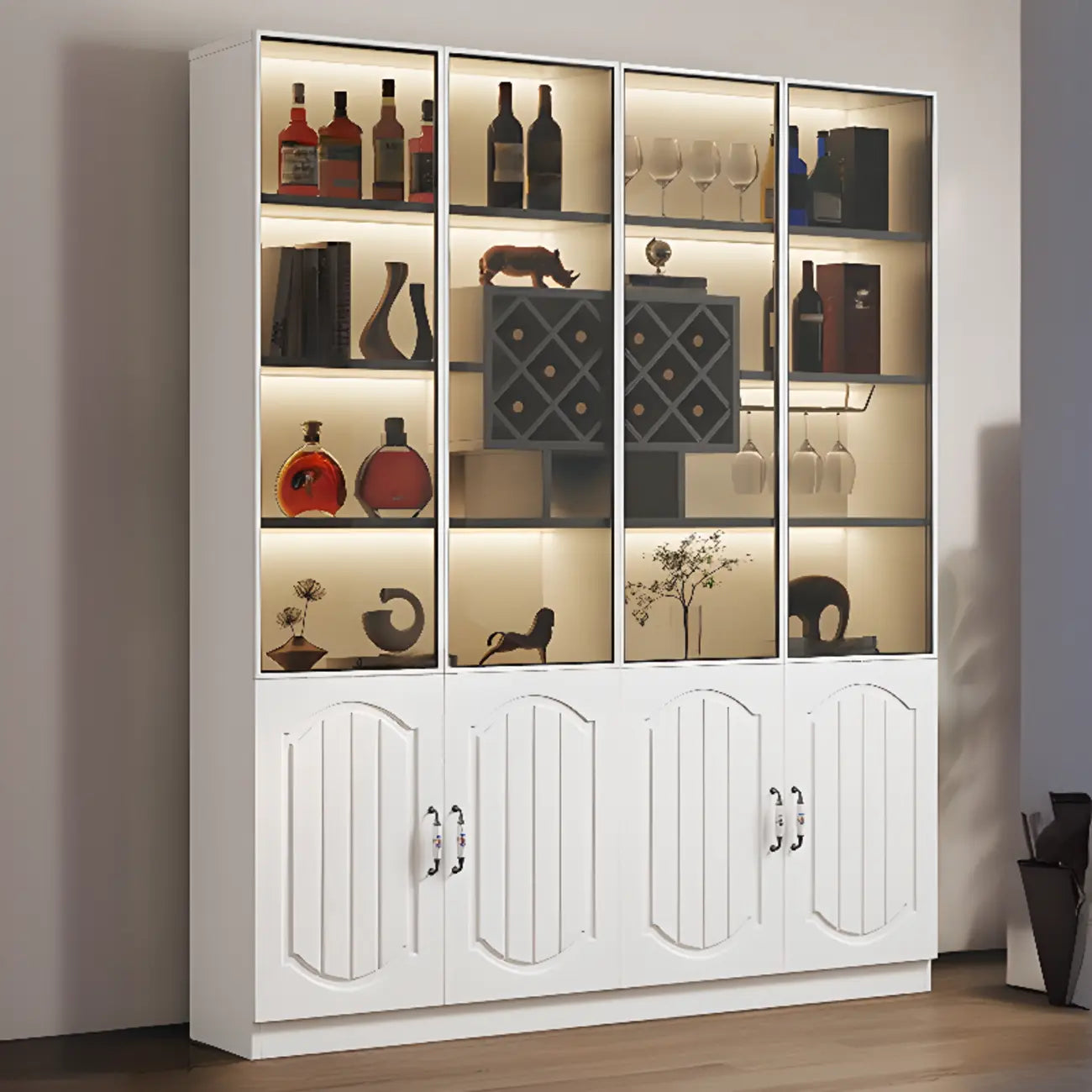 Black Wood Glass Door Display Cabinet with Wine Storage