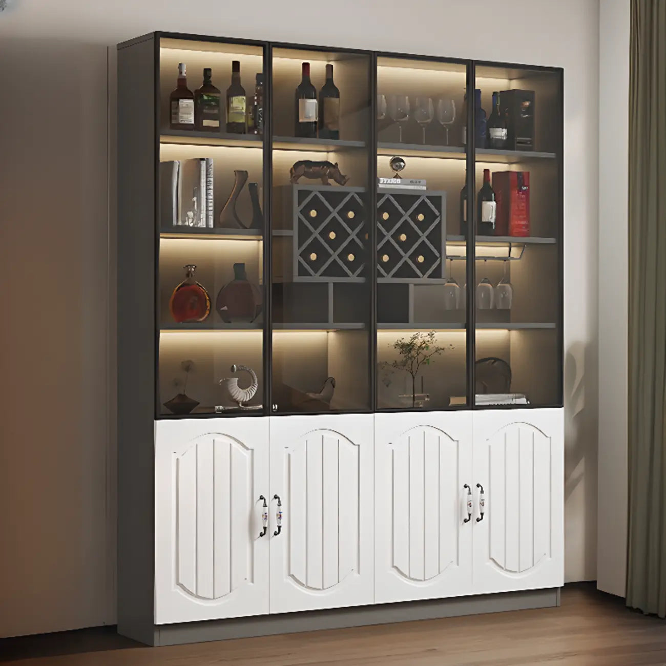 Black Wood Glass Door Display Cabinet with Wine Storage