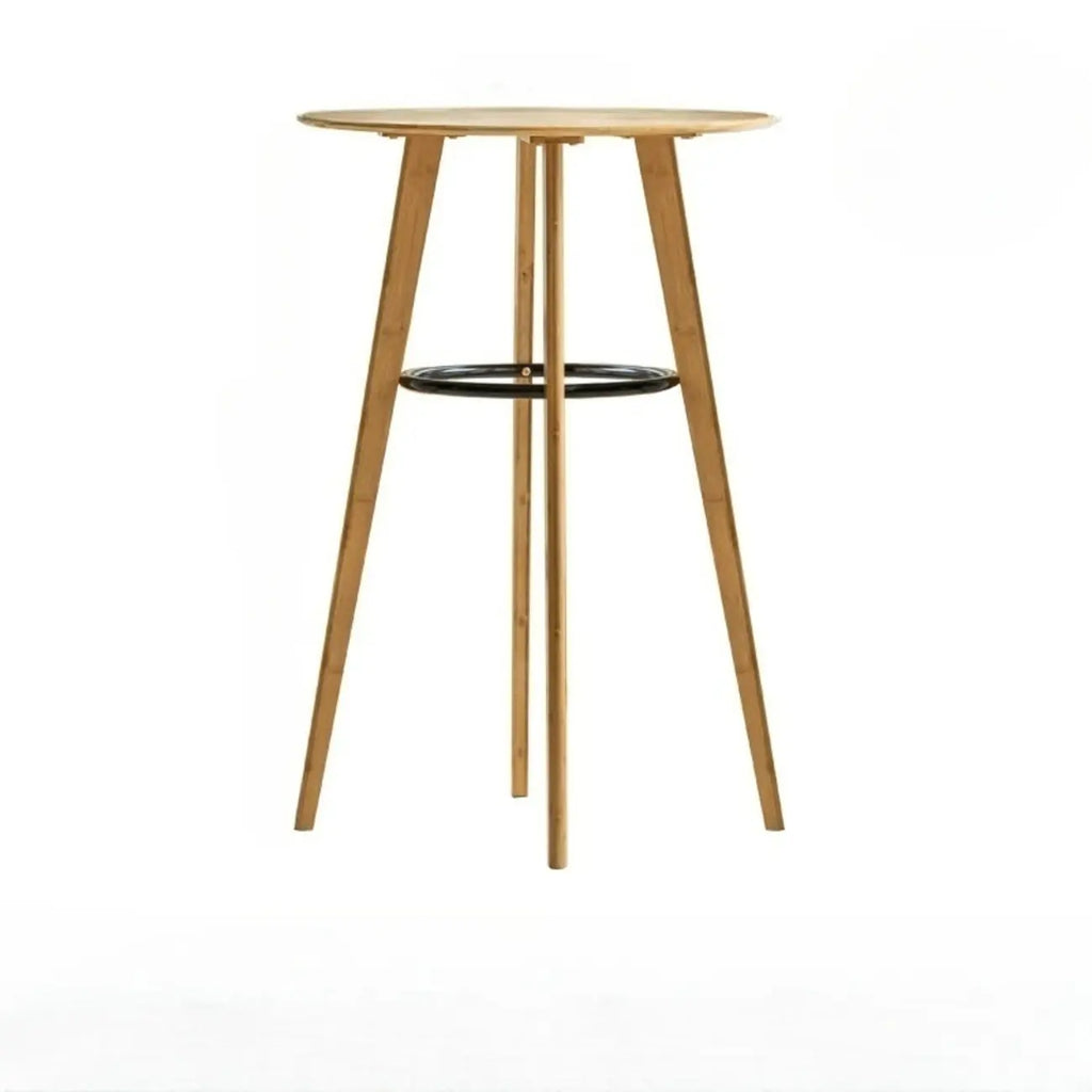 Scandinavian Bamboo Round Pub Bar Table with Black Footrest for Dining