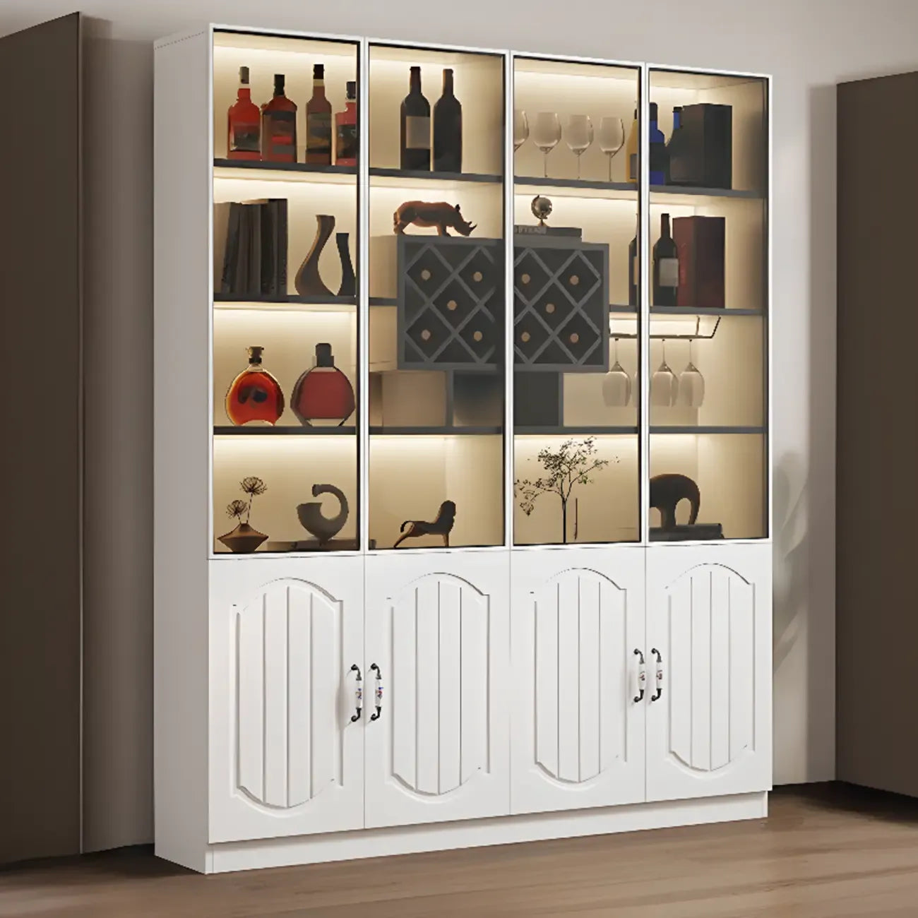 Black Wood Glass Door Display Cabinet with Wine Storage